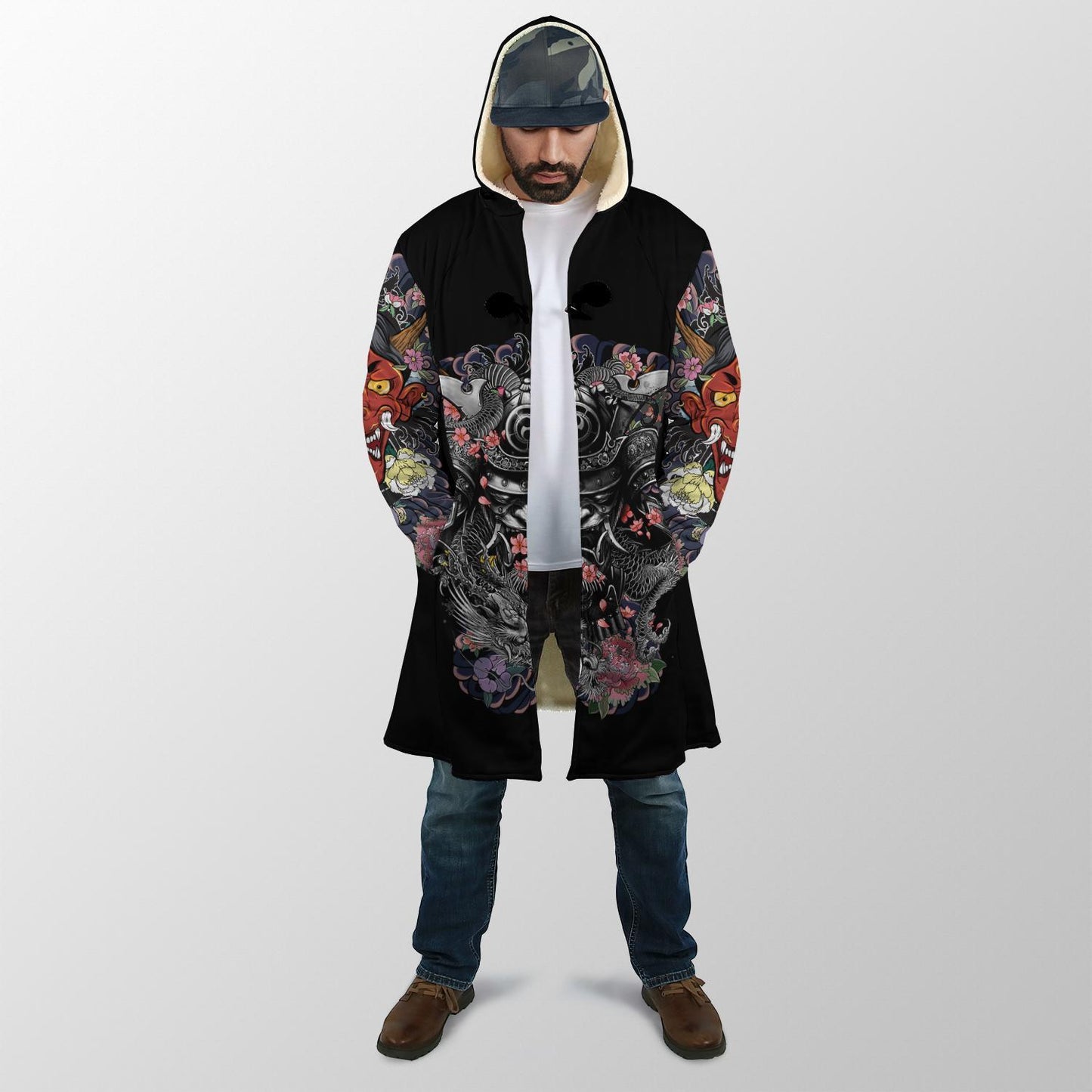 Samurai and Dragon Tattoo 3D Over Printed Cloak for Men and Women-ML