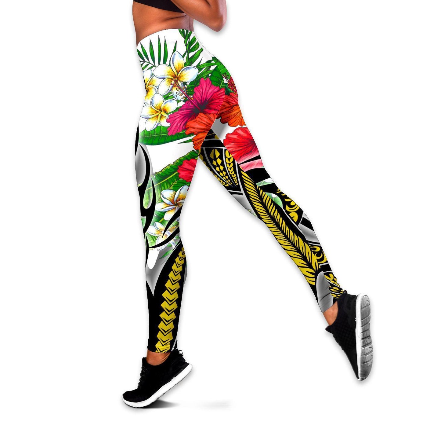 Amazing Polynesian Turquoise Gold Tribal Pattern and Hisbiscus Plumeria Legging & Tank top