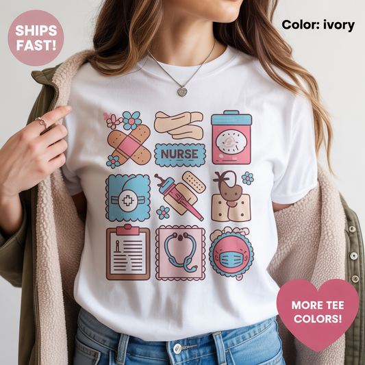 Retro Kawaii Nurse Graphic T-Shirt Cute Medical Icons Short Sleeve Crewneck Tee