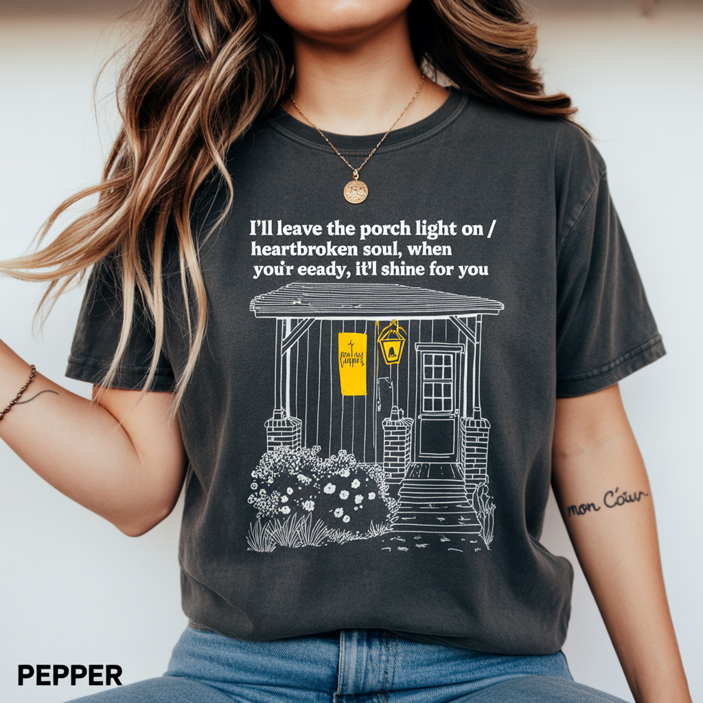 I Will Leave The Porch Light On Graphic T-Shirt Indie Folk Aesthetic Short Sleeve Tee