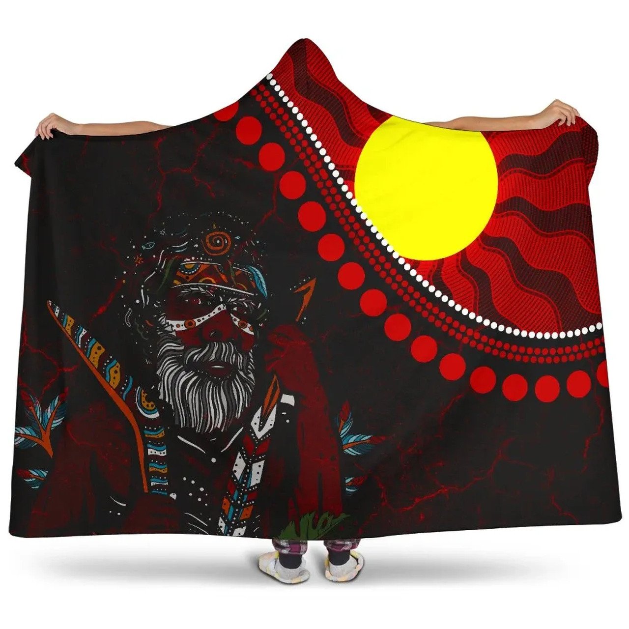 Indigenous People And Sun Aboriginal Art Hooded Blanket
