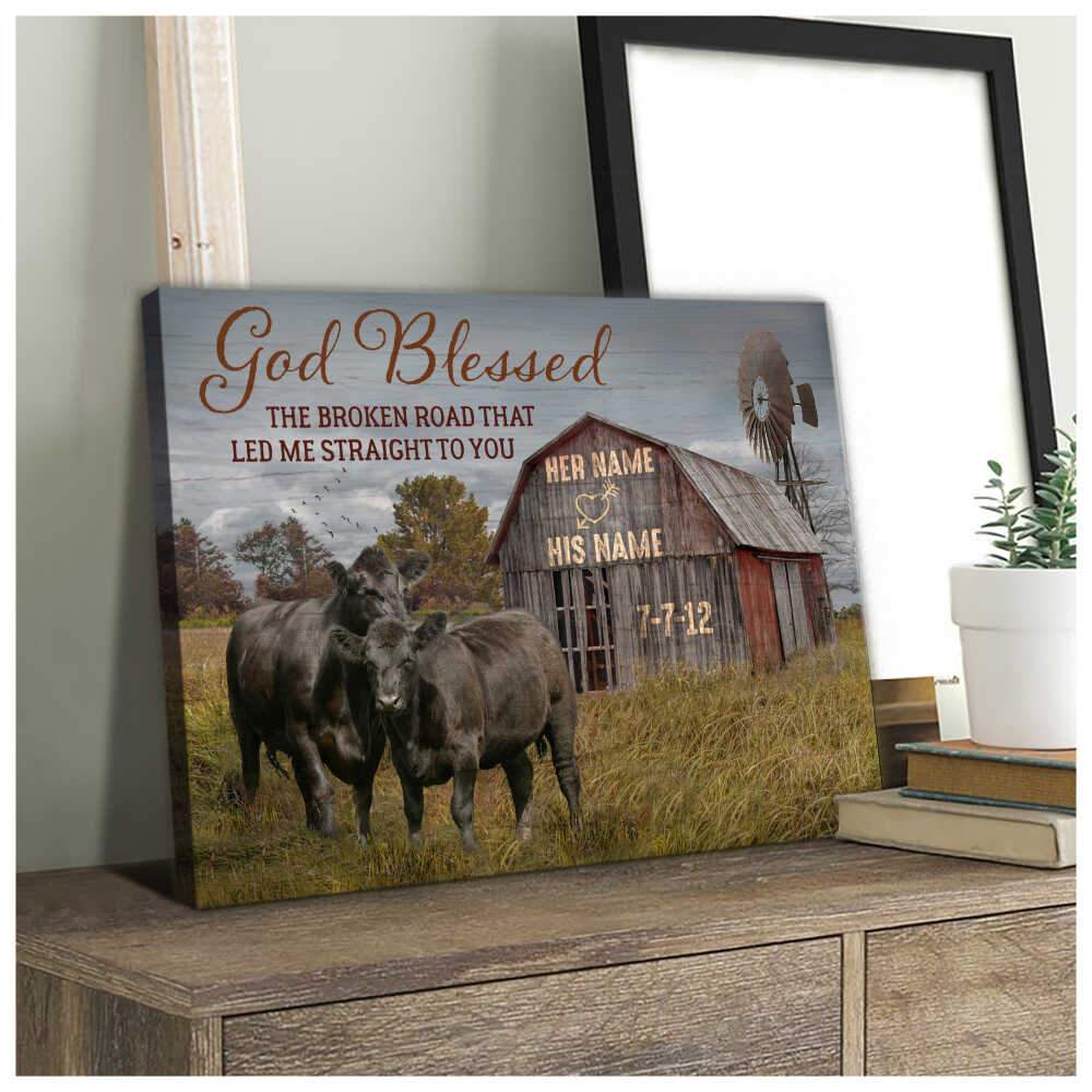 God Blessed The Broken Road Barn and Angus Cows Custom Name and Date Personalized Custom Canvas Wall Art Decor Gift For Him Gift For Her