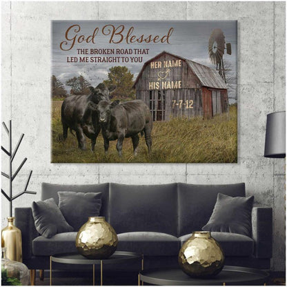 God Blessed The Broken Road Barn and Angus Cows Custom Name and Date Personalized Custom Canvas Wall Art Decor Gift For Him Gift For Her