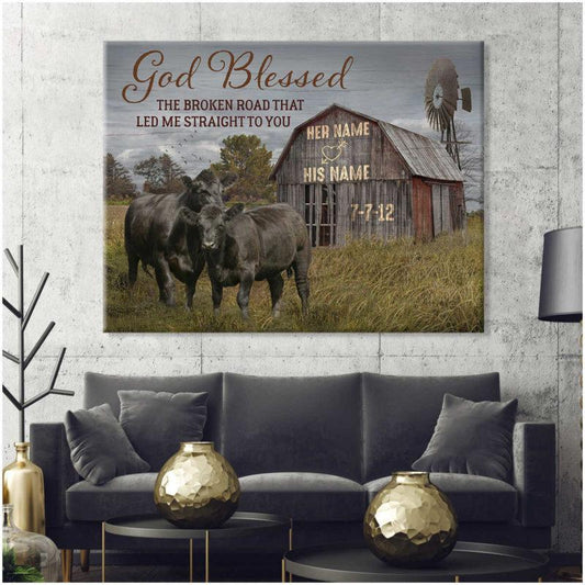 God Blessed The Broken Road Barn and Angus Cows Custom Name and Date Personalized Custom Canvas Wall Art Decor Gift For Him Gift For Her