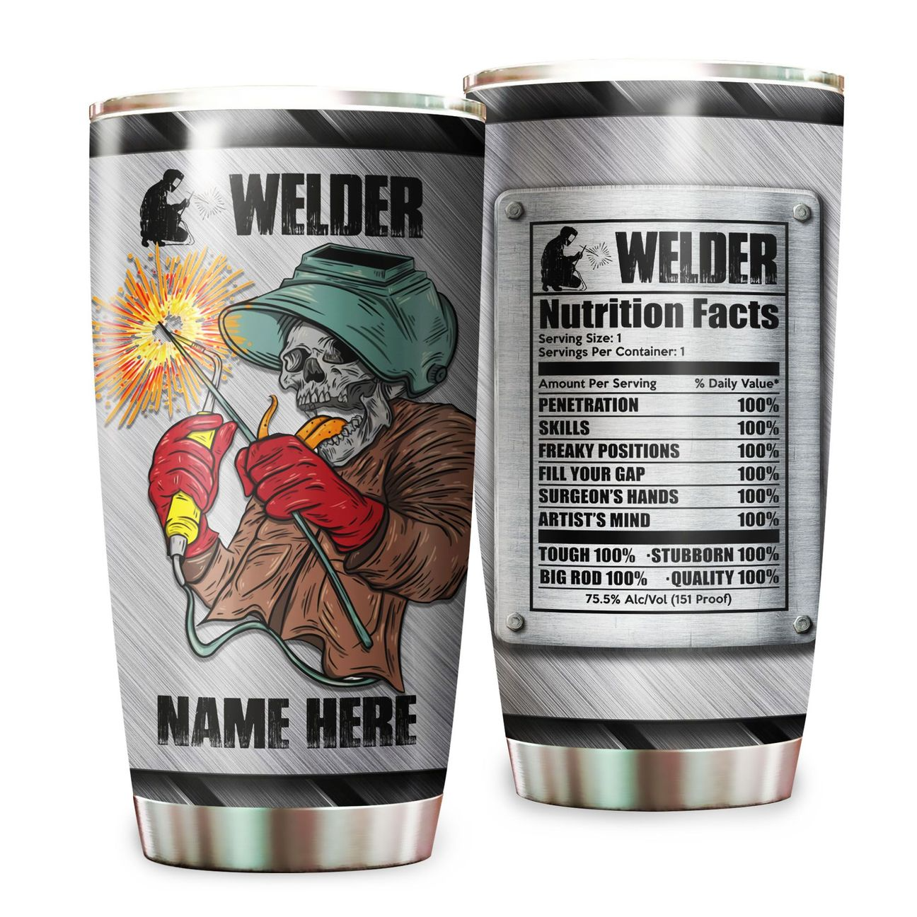 Premium Personalized 3D Printed Skull Welder Stainless Tumbler MEI