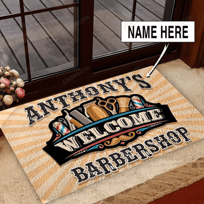 Personalized Barber Shop Welcome Black Door Mat