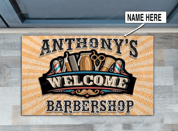 Personalized Barber Shop Welcome Black Door Mat