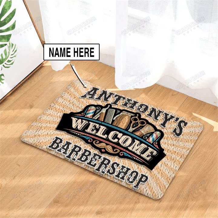 Personalized Barber Shop Welcome Black Door Mat