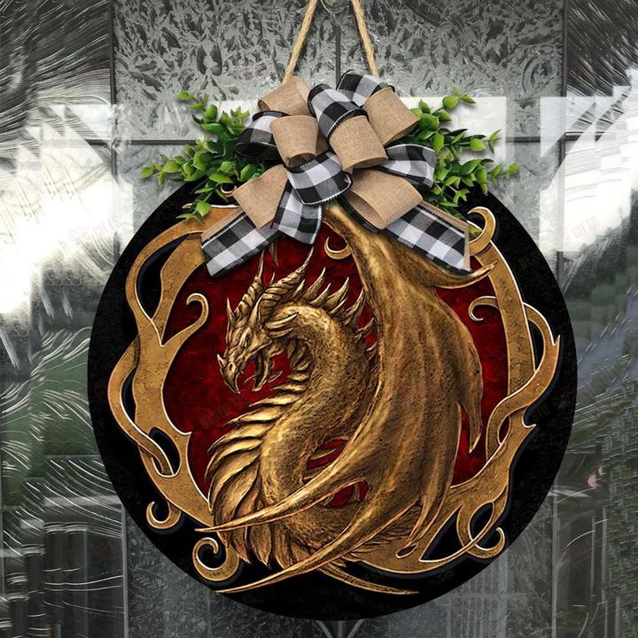 Love Dragon Christmas Round Wooden Door Plate