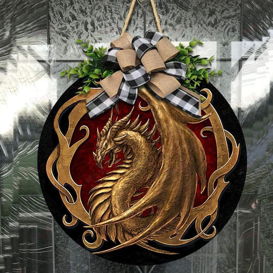Love Dragon Christmas Round Wooden Door Plate