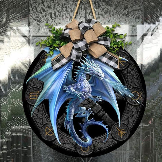 Love Dragon Christmas Round Wooden Door Plate