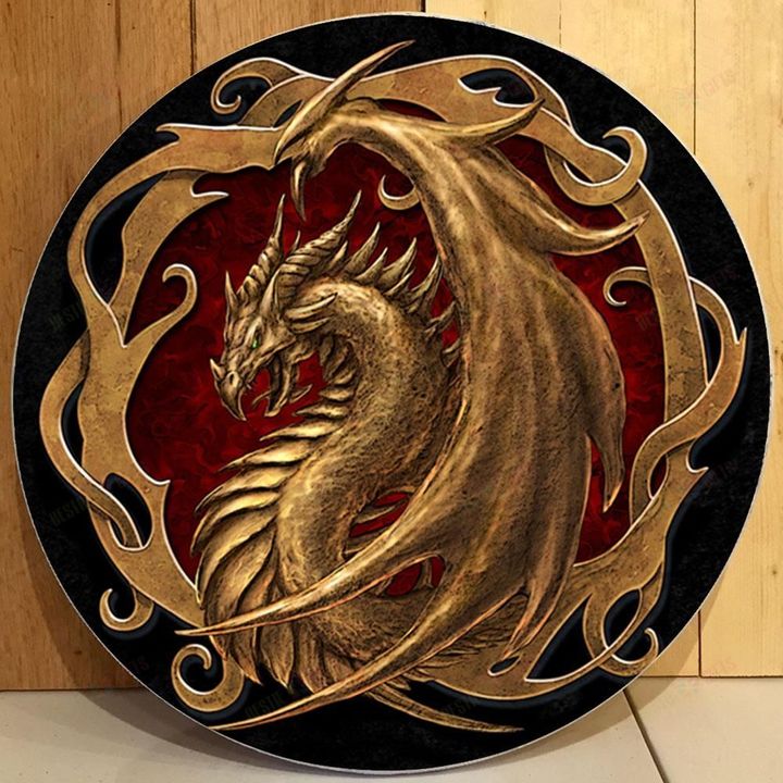 Love Dragon Christmas Round Wooden Door Plate