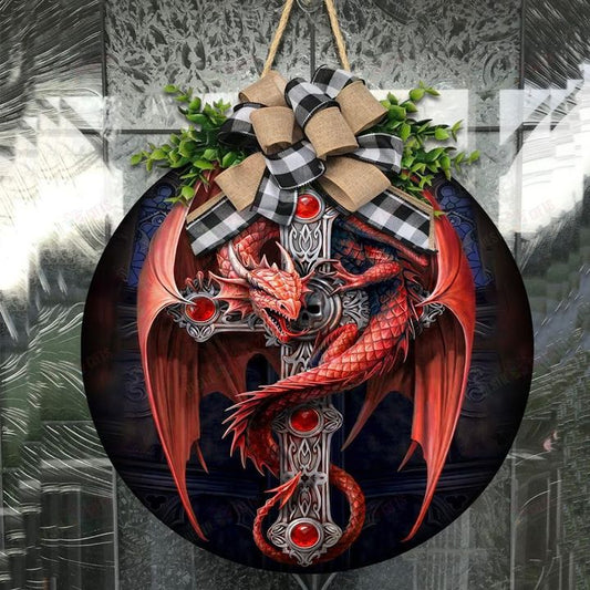 Love Dragon Christmas Round Wooden Door Plate