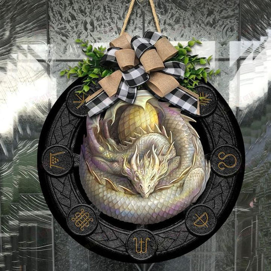 Love Dragon Christmas Round Wooden Door Plate