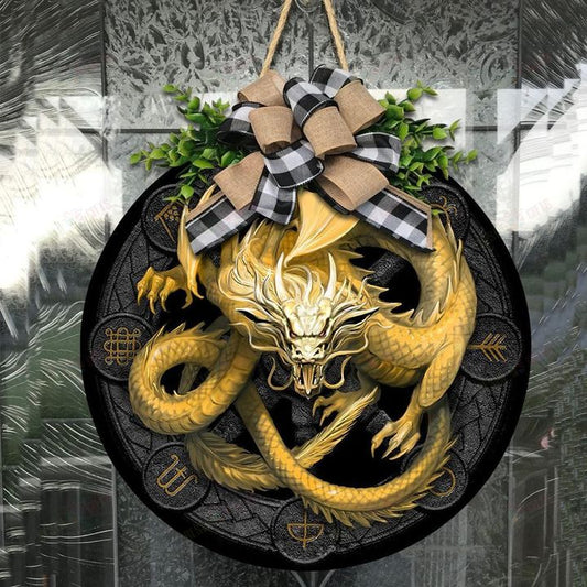 Love Dragon Christmas Round Wooden Door Plate