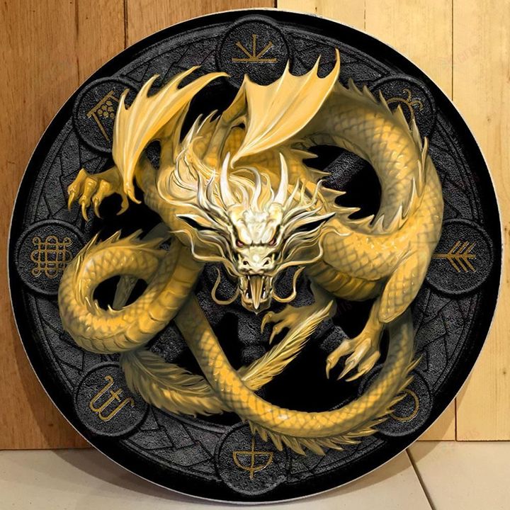 Love Dragon Christmas Round Wooden Door Plate