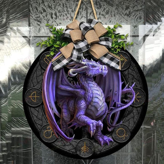 Love Dragon Christmas Round Wooden Door Plate