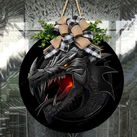 Love Dragon Christmas Round Wooden Door Plate