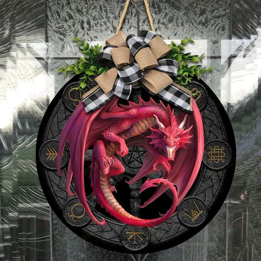 Love Dragon Christmas Round Wooden Door Plate