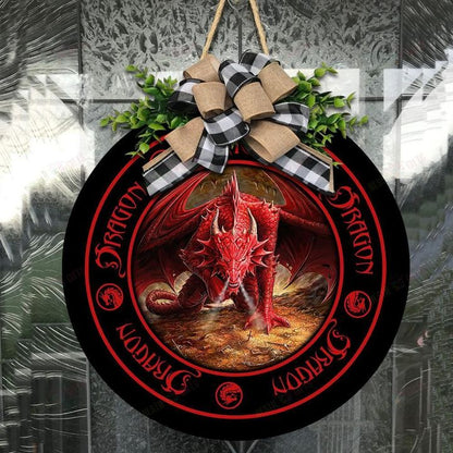 Love Dragon Christmas Round Wooden Door Plate