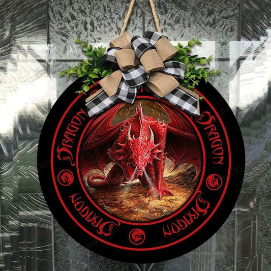 Love Dragon Christmas Round Wooden Door Plate