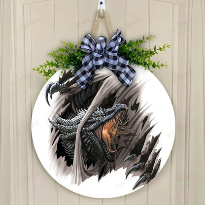 Love Dragon Christmas Round Wooden Door Plate