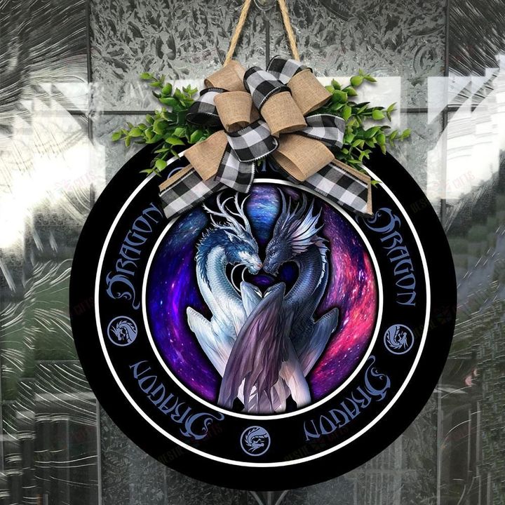 Love Dragon Christmas Round Wooden Door Plate