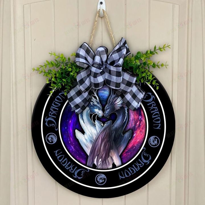 Love Dragon Christmas Round Wooden Door Plate
