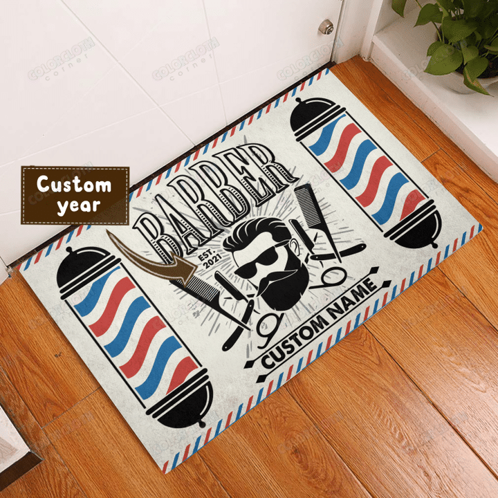 Personalized Barber Shop Welcome Black Door Mat