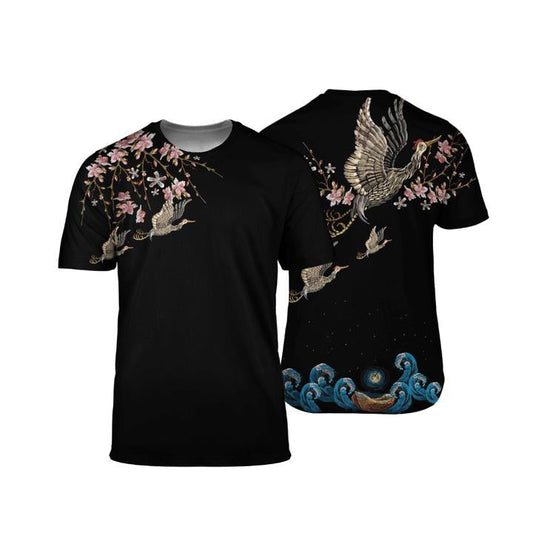 Japanese Sakura Kanagawa Crane All Over 3D T Shirt
