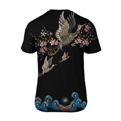 Japanese Sakura Kanagawa Crane All Over 3D T Shirt