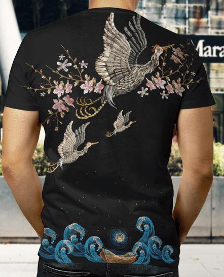 Japanese Sakura Kanagawa Crane All Over 3D T Shirt