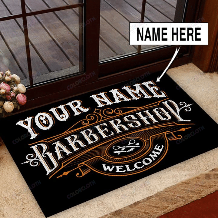 Personalized Barber Shop Welcome Black Door Mat