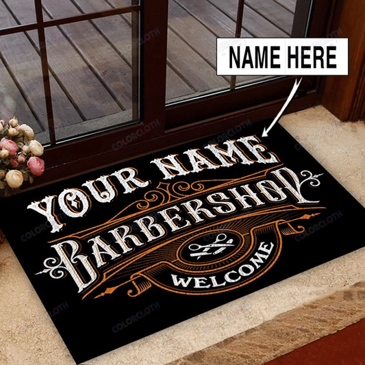 Personalized Barber Shop Welcome Black Door Mat