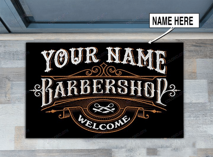 Personalized Barber Shop Welcome Black Door Mat