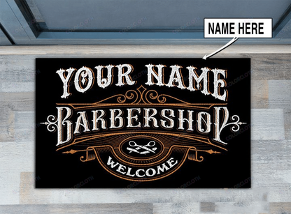 Personalized Barber Shop Welcome Black Door Mat