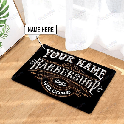 Personalized Barber Shop Welcome Black Door Mat