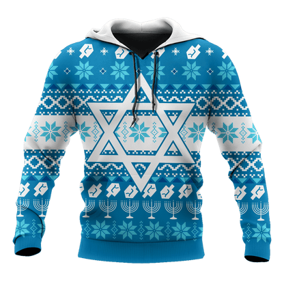 Blue Pattern Star Of David Hanukkah Hoodie MEI