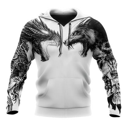 Tattoo Dragon And Wolf 3D Hoodie Shirt For Men And Women