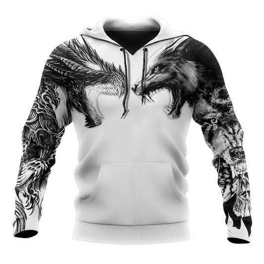 Tattoo Dragon And Wolf 3D Hoodie Shirt For Men And Women