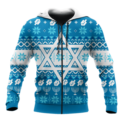 Blue Pattern Star Of David Hanukkah Hoodie MEI