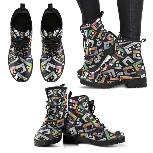 Retro Vintage Cassette Tape - Leather Boots for Women-Amaze Style™-Women's Leather Boots - Retro Vintage Cassette Tape - Leather Boots for Women-US5 (EU35)-Vibe Cosy™