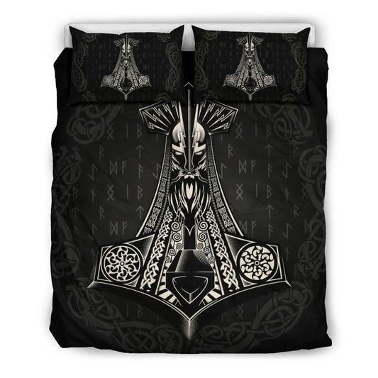 Viking Bedding Set - Odin Mjolnir Rune-Amaze Style™-Bedding Set - Black-Queen/Full-Black-Vibe Cosy™