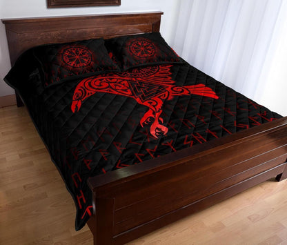 Viking Quilt Bed Set - Raven VegvisirValknut Rune V1-Amaze Style™-Quilt Bed Set-Twin-Black-Vibe Cosy™