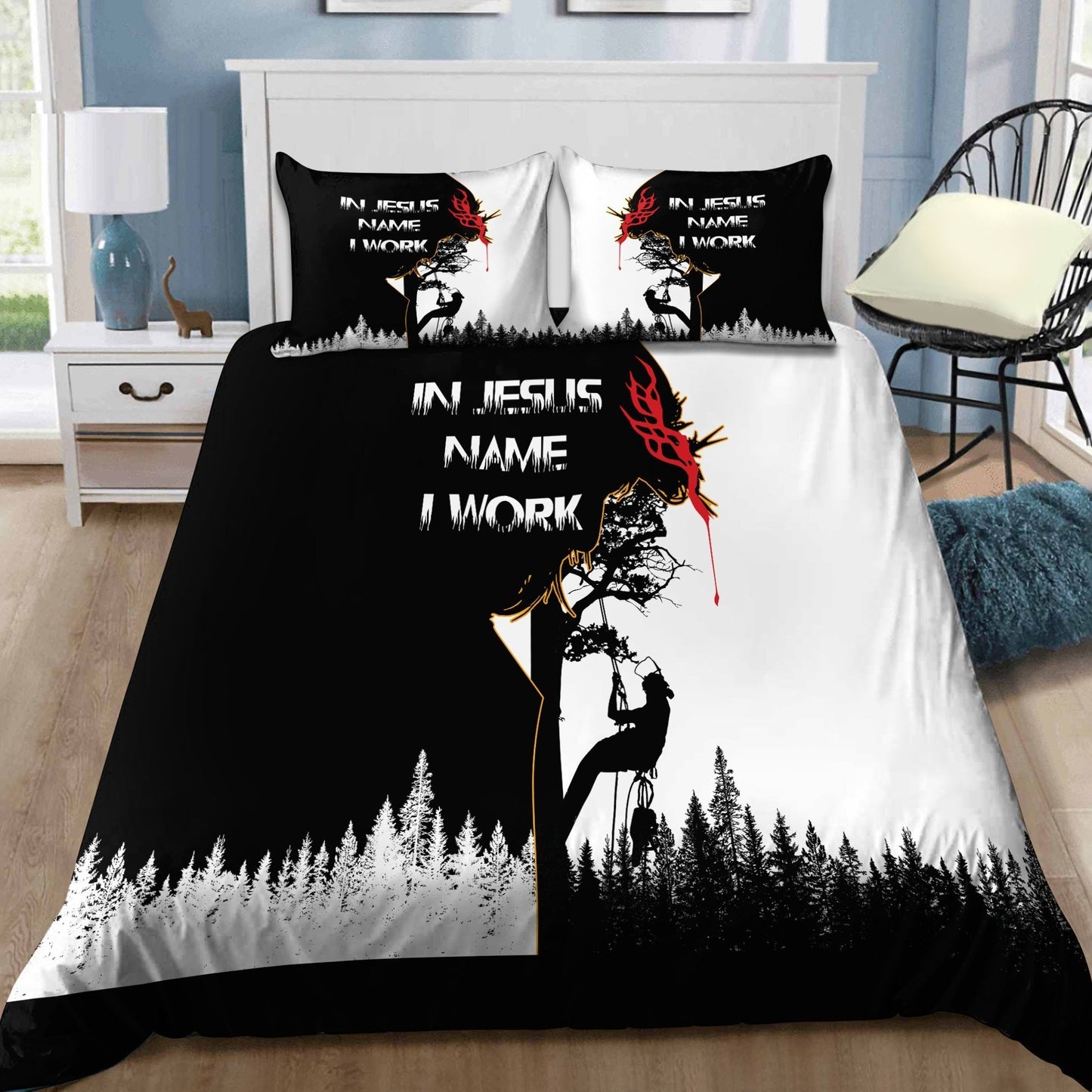 In Jesus Name I  WorkArborist Logger Lumberjack Bedding Set MEI
