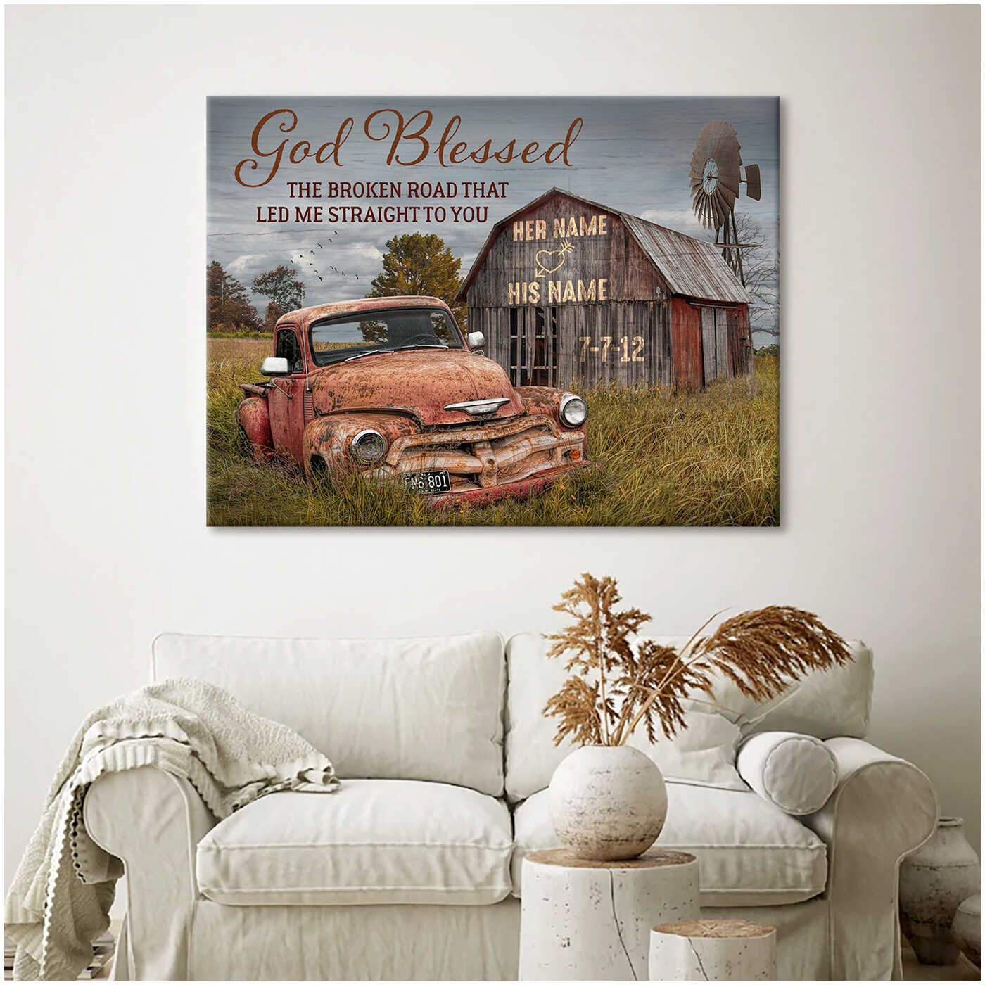 Custom Poster Prints Anniversary Wedding Gift God Blessed The Broken Road Old Truck and Barn Wall Art Decor