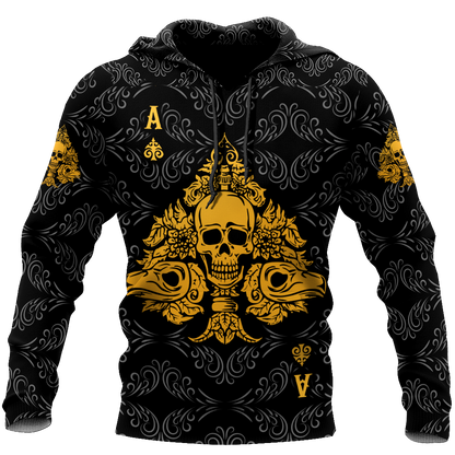 3D Ace Spade Skull Poker Over Printed Hoodie