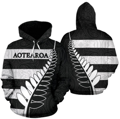 Aotearoa-New Zealand Hoodie Silver Fern - Black PL - Amaze Style™-Apparel