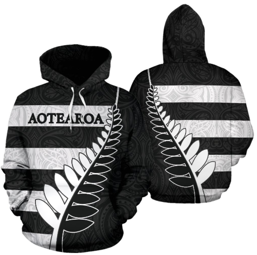 Aotearoa-New Zealand Hoodie Silver Fern - Black PL - Amaze Style™-Apparel