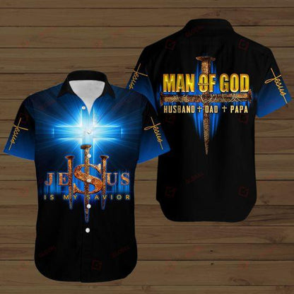Jesus Is My Savior Man Of God Husband Dad Papa Blue All Over Printed Shirts